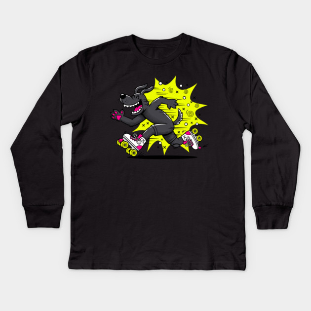 Speedy Grinning Dog Roller Skating Frenzy! Kids Long Sleeve T-Shirt by enrynz