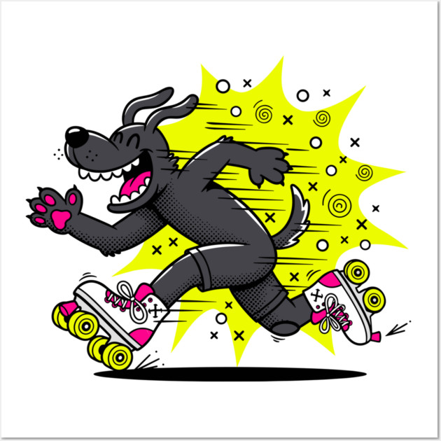 Speedy Grinning Dog Roller Skating Frenzy! Wall Art by enrynz