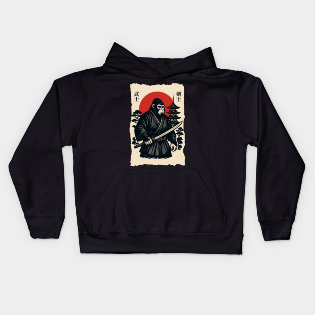 Bigfoot Sasquatch Samurai Katana, Japanese Mythical Warrior Kids Hoodie by Pixel Threads 