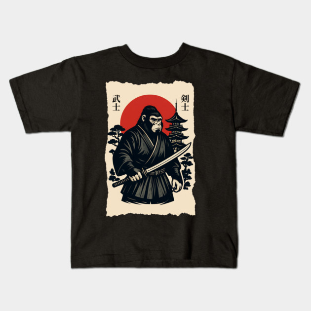 Bigfoot Sasquatch Samurai Katana, Japanese Mythical Warrior Kids T-Shirt by Pixel Threads 
