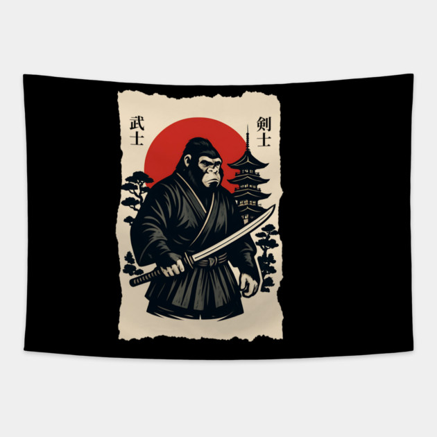 Bigfoot Sasquatch Samurai Katana, Japanese Mythical Warrior Tapestry by Pixel Threads 