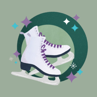 Ice Skates retro bubble badge - green and lilac T-Shirt