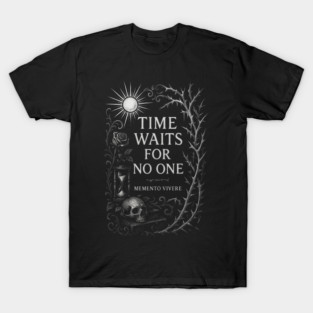 Time Waits For No One — Memento Vivere Gothic Skull Hourglass Design T-Shirt