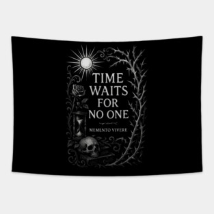 Time Waits For No One — Memento Vivere Gothic Skull Hourglass Design Tapestry