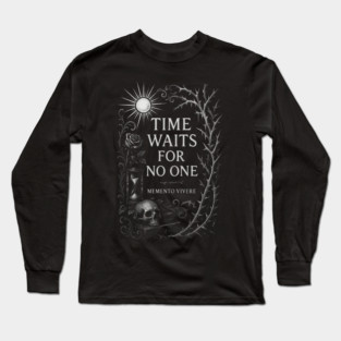 Time Waits For No One — Memento Vivere Gothic Skull Hourglass Design Long Sleeve T-Shirt