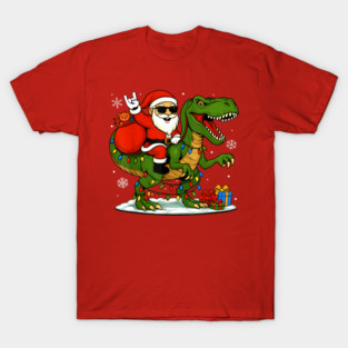 Santa Riding T-Rex Dinosaur Funny Christmas Holiday Art T-Shirt