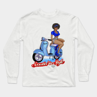 Vintage Scooter Pin-Up Girl – Retro Vespa Style Illustration Long Sleeve T-Shirt