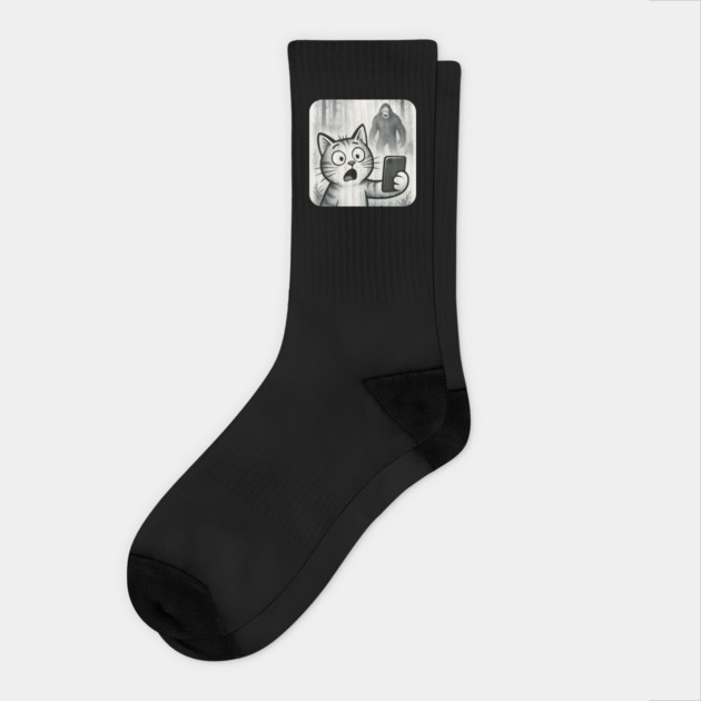Cat Bigfoot Gift for Women, Men & Kids, Scared Cat Selfie with Sasquatch Socks by Pixel Threads 