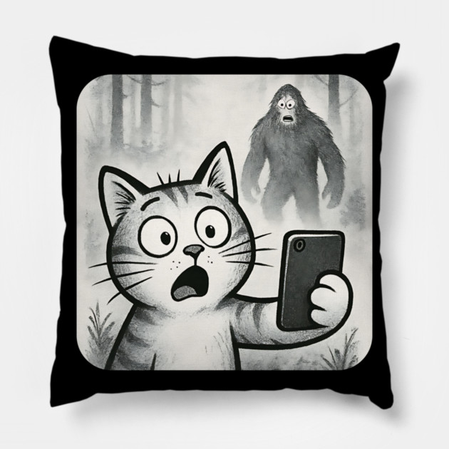 Cat Bigfoot Gift for Women, Men & Kids, Scared Cat Selfie with Sasquatch Pillow by Pixel Threads 