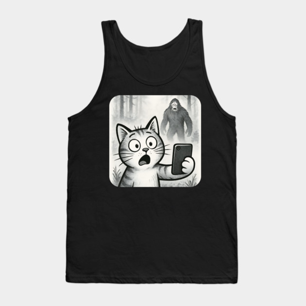 Cat Bigfoot Gift for Women, Men & Kids, Scared Cat Selfie with Sasquatch Tank Top by Pixel Threads 