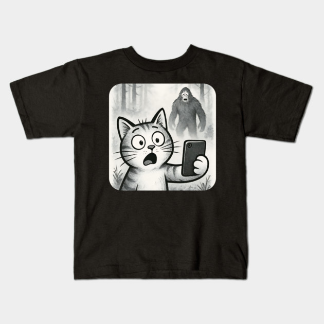 Cat Bigfoot Gift for Women, Men & Kids, Scared Cat Selfie with Sasquatch Kids T-Shirt by Pixel Threads 