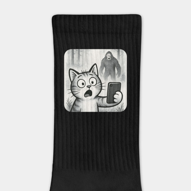 Cat Bigfoot Gift for Women, Men & Kids, Scared Cat Selfie with Sasquatch by Pixel Threads 