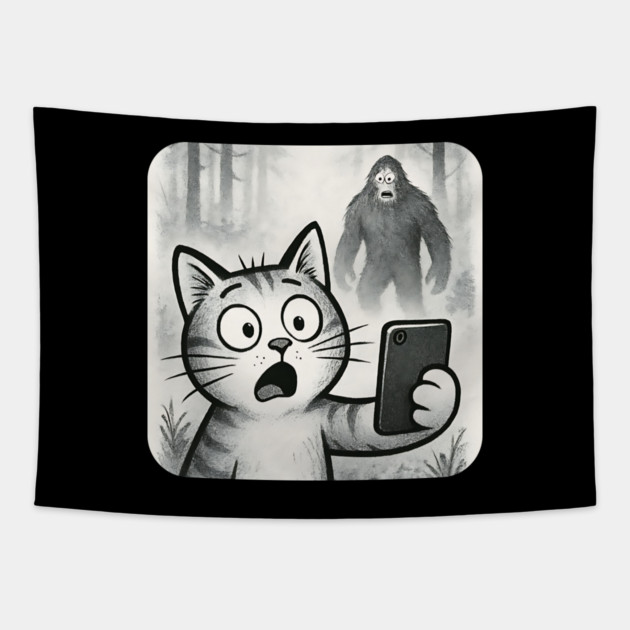 Cat Bigfoot Gift for Women, Men & Kids, Scared Cat Selfie with Sasquatch Tapestry by Pixel Threads 