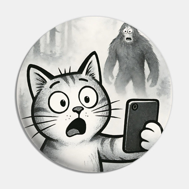 Cat Bigfoot Gift for Women, Men & Kids, Scared Cat Selfie with Sasquatch Pin by Pixel Threads 