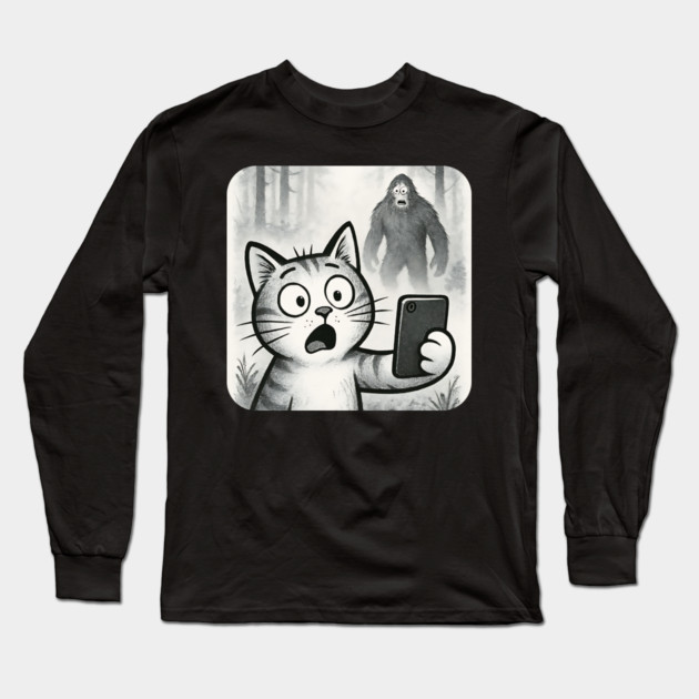 Cat Bigfoot Gift for Women, Men & Kids, Scared Cat Selfie with Sasquatch Long Sleeve T-Shirt by Pixel Threads 