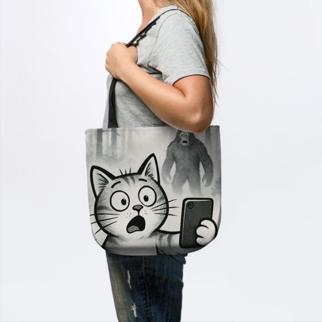 Cat Bigfoot Gift for Women, Men & Kids, Scared Cat Selfie with Sasquatch by Pixel Threads 