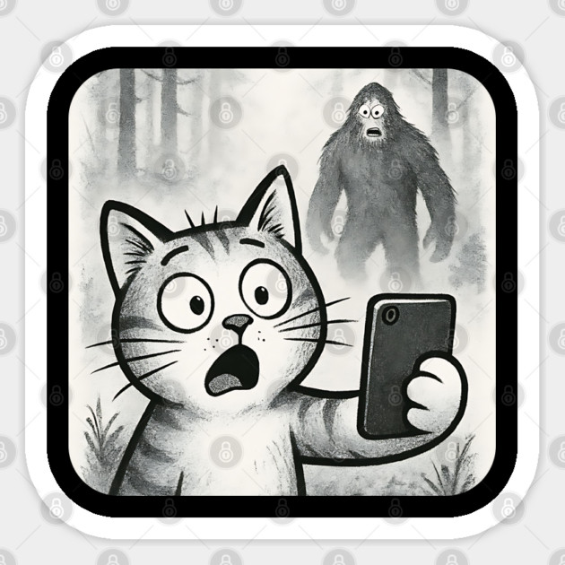 Cat Bigfoot Gift for Women, Men & Kids, Scared Cat Selfie with Sasquatch Sticker by Pixel Threads 