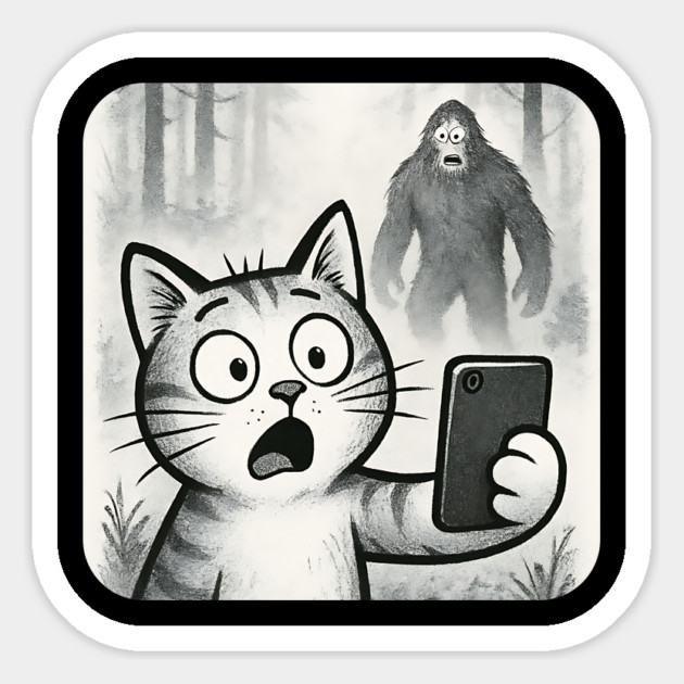Cat Bigfoot Gift for Women, Men & Kids, Scared Cat Selfie with Sasquatch Magnet by Pixel Threads 