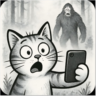 Cat Bigfoot Gift for Women, Men & Kids, Scared Cat Selfie with Sasquatch Posters and Art