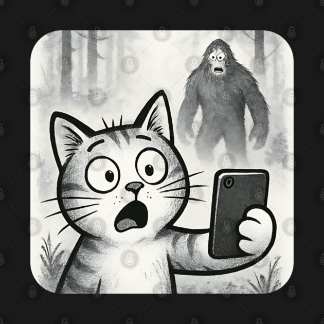 Cat Bigfoot Gift for Women, Men & Kids, Scared Cat Selfie with Sasquatch by Pixel Threads 