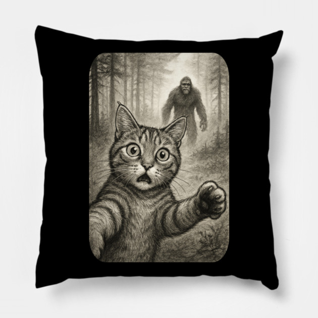Cat Bigfoot Gift for Women, Men & Kids, Scared Cat Selfie with Sasquatch Pillow by Pixel Threads 