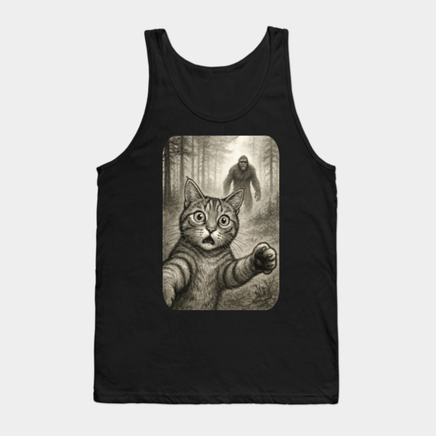 Cat Bigfoot Gift for Women, Men & Kids, Scared Cat Selfie with Sasquatch Tank Top by Pixel Threads 
