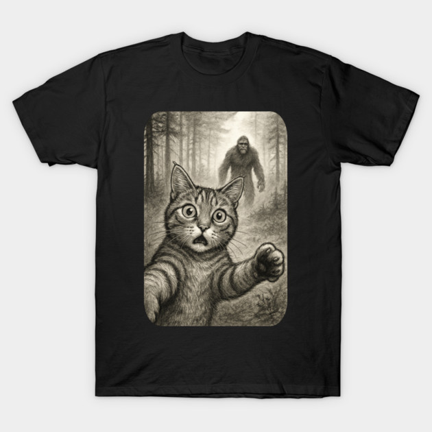 Cat Bigfoot Gift for Women, Men & Kids, Scared Cat Selfie with Sasquatch T-Shirt by Pixel Threads 