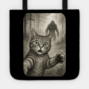 Cat Bigfoot Gift for Women, Men & Kids, Scared Cat Selfie with Sasquatch Tote