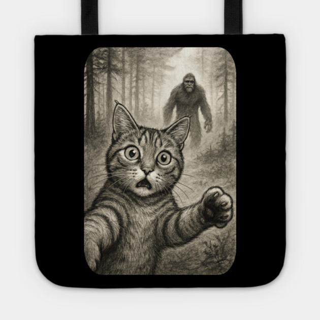 Cat Bigfoot Gift for Women, Men & Kids, Scared Cat Selfie with Sasquatch Tote by Pixel Threads 