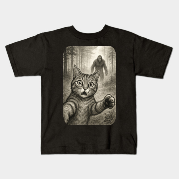 Cat Bigfoot Gift for Women, Men & Kids, Scared Cat Selfie with Sasquatch Kids T-Shirt by Pixel Threads 