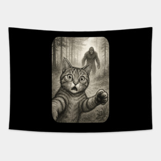 Cat Bigfoot Gift for Women, Men & Kids, Scared Cat Selfie with Sasquatch Tapestry