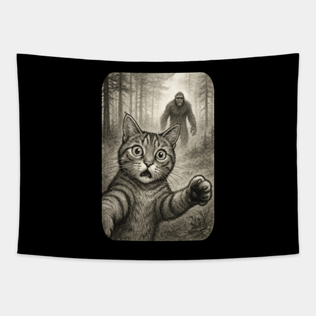 Cat Bigfoot Gift for Women, Men & Kids, Scared Cat Selfie with Sasquatch Tapestry by Pixel Threads 