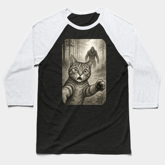 Cat Bigfoot Gift for Women, Men & Kids, Scared Cat Selfie with Sasquatch Baseball T-Shirt by Pixel Threads 