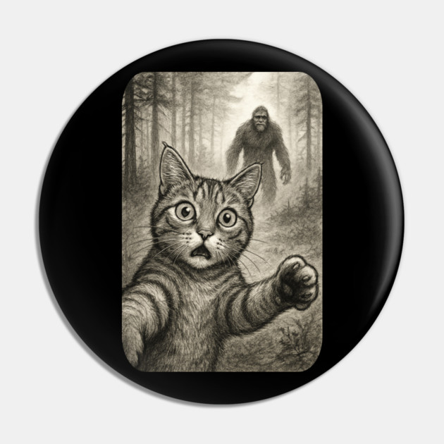 Cat Bigfoot Gift for Women, Men & Kids, Scared Cat Selfie with Sasquatch Pin by Pixel Threads 