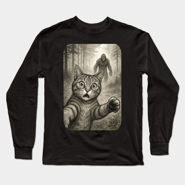 Cat Bigfoot Gift for Women, Men & Kids, Scared Cat Selfie with Sasquatch Long Sleeve T-Shirt by Pixel Threads 