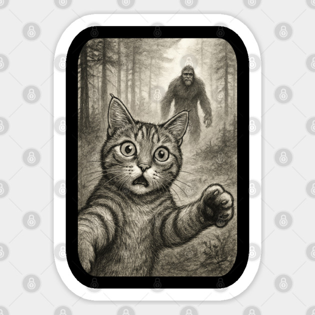 Cat Bigfoot Gift for Women, Men & Kids, Scared Cat Selfie with Sasquatch Sticker by Pixel Threads 
