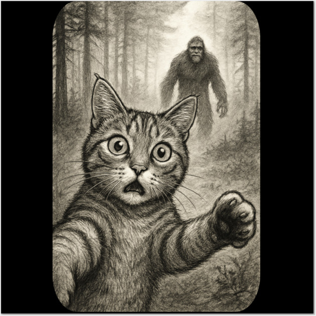 Cat Bigfoot Gift for Women, Men & Kids, Scared Cat Selfie with Sasquatch Wall Art by Pixel Threads 