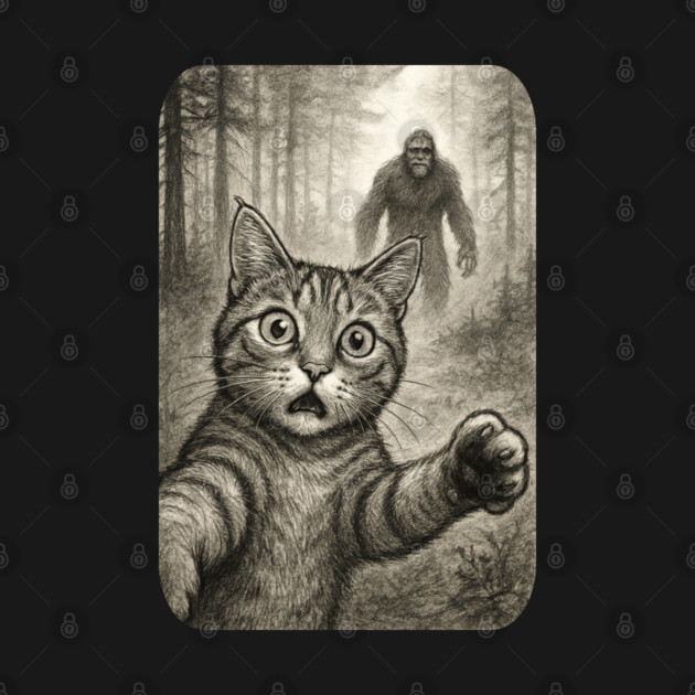 Cat Bigfoot Gift for Women, Men & Kids, Scared Cat Selfie with Sasquatch by Pixel Threads 