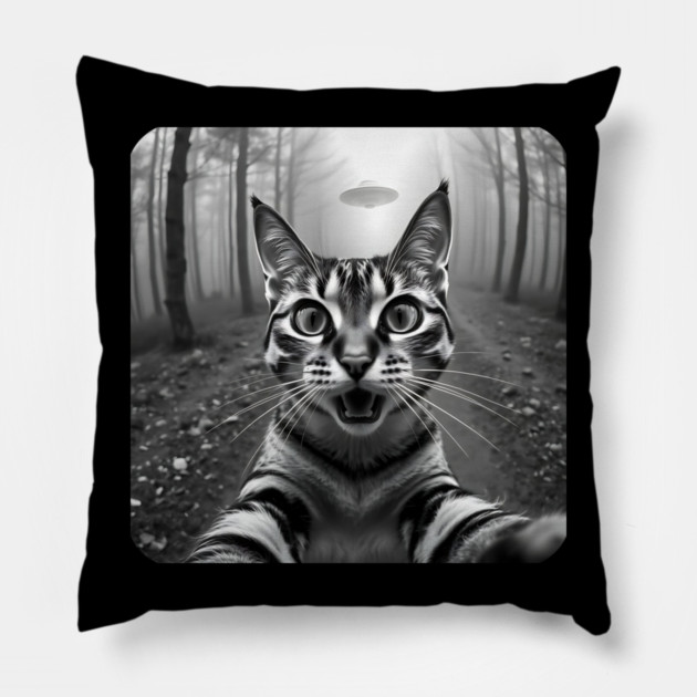 Cat Selfie with Alien, Cat Lovers Gifts for Men, Women & Kids Pillow by Pixel Threads 