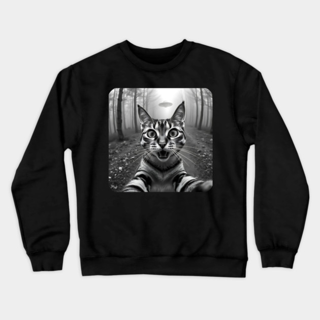 Cat Selfie with Alien, Cat Lovers Gifts for Men, Women & Kids Crewneck Sweatshirt by Pixel Threads 
