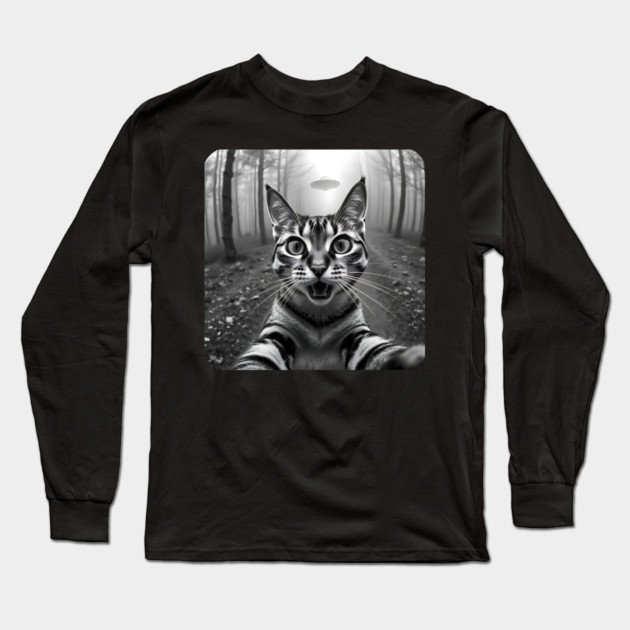 Cat Selfie with Alien, Cat Lovers Gifts for Men, Women & Kids Long Sleeve T-Shirt by Pixel Threads 