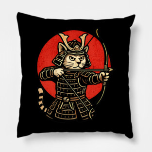 Samurai Cat Archer, Japanese Warrior Neko Vintage Art Gift Pillow