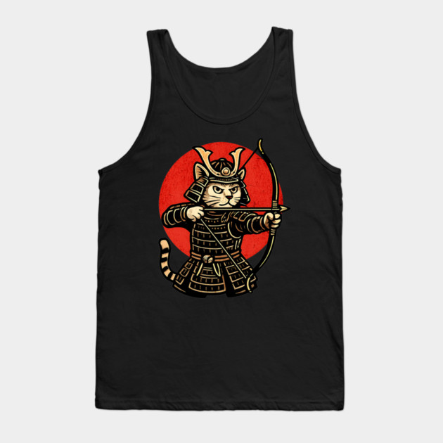 Samurai Cat Archer, Japanese Warrior Neko Vintage Art Gift Tank Top by Pixel Threads 