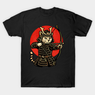 Samurai Cat Archer, Japanese Warrior Neko Vintage Art Gift T-Shirt