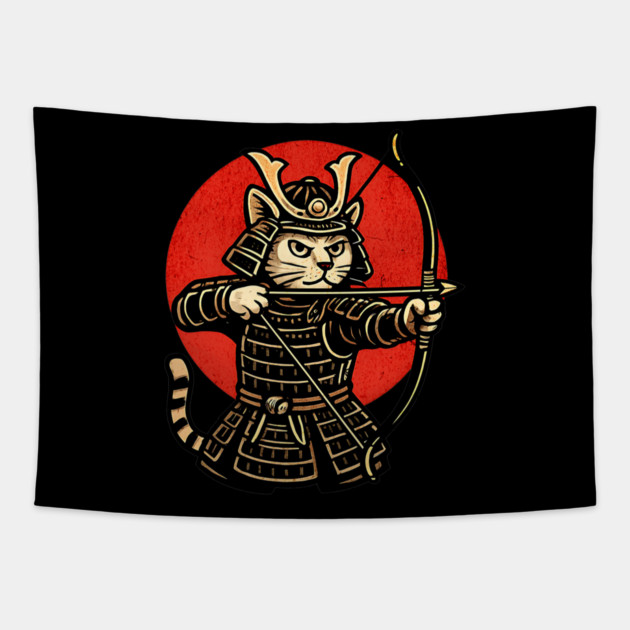 Samurai Cat Archer, Japanese Warrior Neko Vintage Art Gift Tapestry by Pixel Threads 