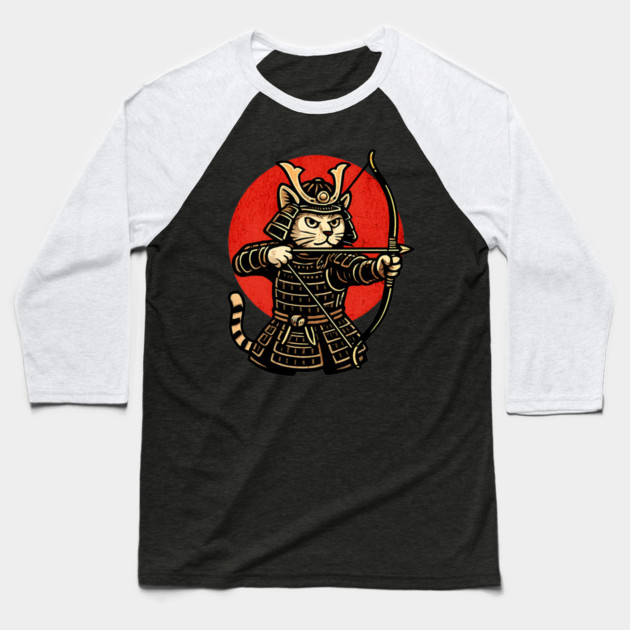 Samurai Cat Archer, Japanese Warrior Neko Vintage Art Gift Baseball T-Shirt by Pixel Threads 