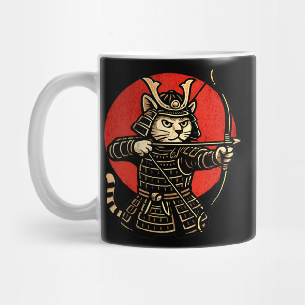 Samurai Cat Archer, Japanese Warrior Neko Vintage Art Gift by Pixel Threads 