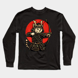 Samurai Cat Archer, Japanese Warrior Neko Vintage Art Gift Long Sleeve T-Shirt