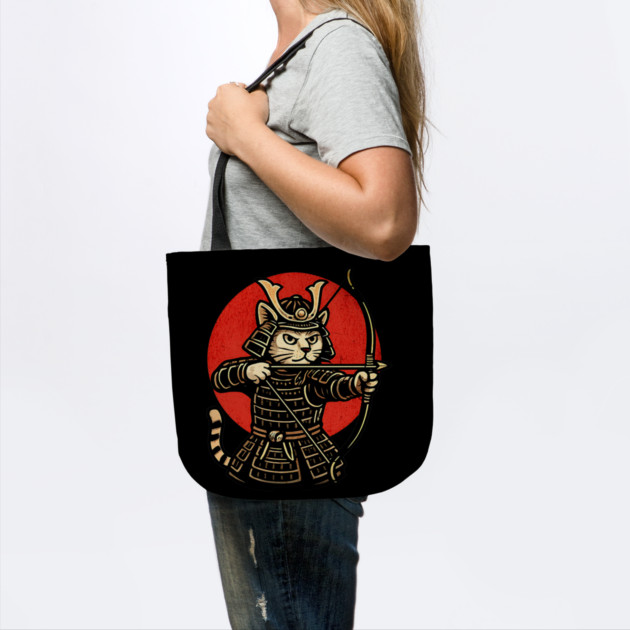 Samurai Cat Archer, Japanese Warrior Neko Vintage Art Gift by Pixel Threads 