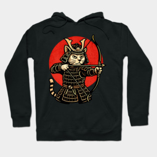 Samurai Cat Archer, Japanese Warrior Neko Vintage Art Gift Hoodie